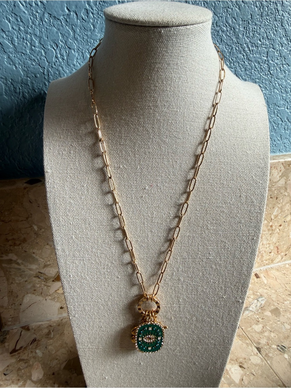 Lucky Lasso Gold Paperclip Chain Green Evil Eye Charm Necklace